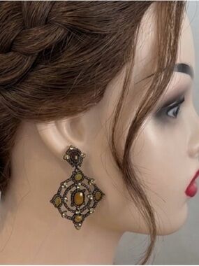 Victorian Antiqued Bronze Ornate Amber Rhinestones Chandelier Statement Earrings